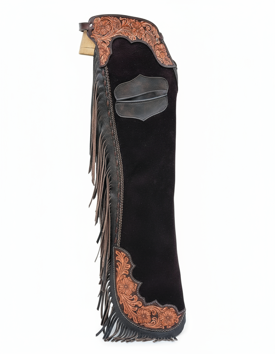 Show-Quality Western Chaps – Floral Yoke & Fringe on Suede